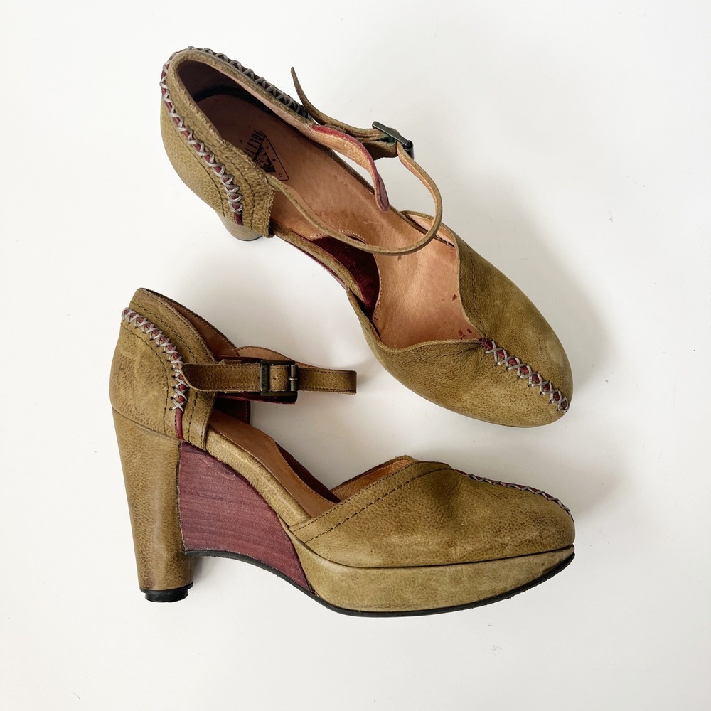 John Fluevog Simone Olive Mary Jane Wedge Heels Size 10 Green Leather Platforms